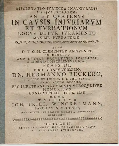 Winckelmann, Johann Friedrich: Sachsen Lauenburg: An et quatenus in causis iniuriarum et turbationum locus detur iuramento maxime purgatorio  (Wie lange wird in Prozessen der.. 