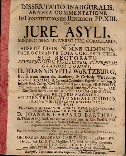 Schäffner, Georg Andreas Cajetanus: De jure asyli (Über das Asylrecht). 