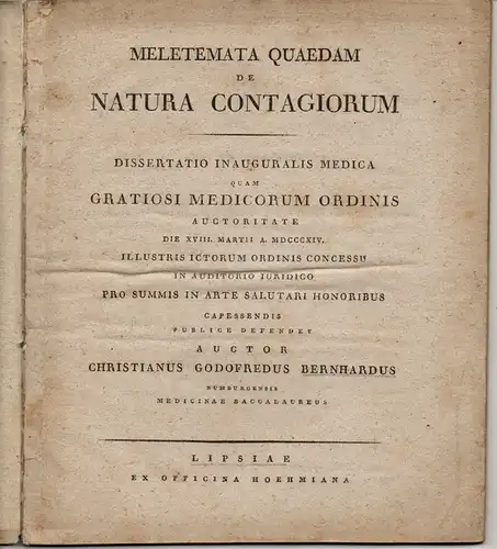 Bernhard, Christian Gottfried aus Nürnberg: Meletemata quaedam de natura contagiorum (Studien über den Kontakt mit der Natur). 