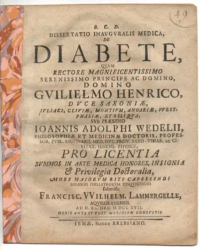 Lammergelle, Franziskus Wilhelm: aus Aachen: Medizinische Inaugural-Dissertation. De Diabete (Über Diabetes). 