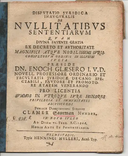 Saurman, Clamer: aus Munder: Juristische Inaugural-Dissertation. De nullitatibus sententiarum (Über die Nichtigkeiten der  Urteile). 