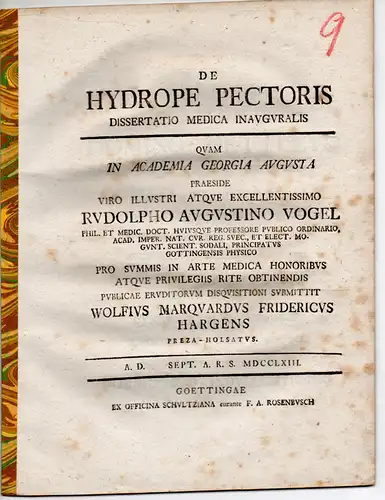 Hargens, Wolf Marquart Friedrich: aus Preetz: Medizinische Inaugural-Dissertation. De hydrope pectoris. (Über Hydropsie im Herzen). 