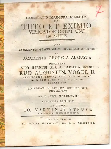 Struve, Johann Martin aus Frankenhausen/Schwarzbur: Medizinische Inaugural-Dissertation. De tuto et eximio vesicatoriorum usu in acutis. 