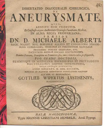 Lysthenius, Gottlieb Wiper aus Magdeburg: Chirurgische Inaugural-Dissertation. De aneurysmate. (Über Aneurysma). 