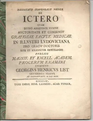 List, Georg Heinrich: Medizinische Dissertation. De ictero. (Über den Ikterus). 