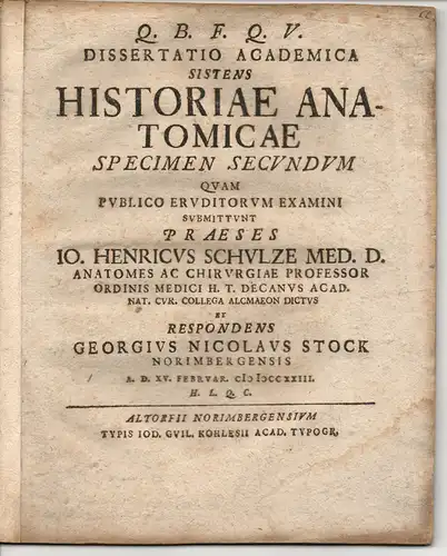 Stock, Georg Nikolaus: Medizinische Dissertation. Historiae anatomicae. (Untersuchung zur Geschichte der Anatomie). 