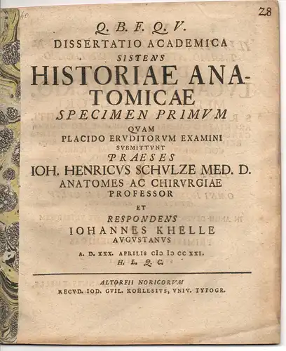 Khelle, Johannes: Medizinische Dissertation. Historiae anatomicae. (Untersuchung zur Geschichte der Anatomie). 