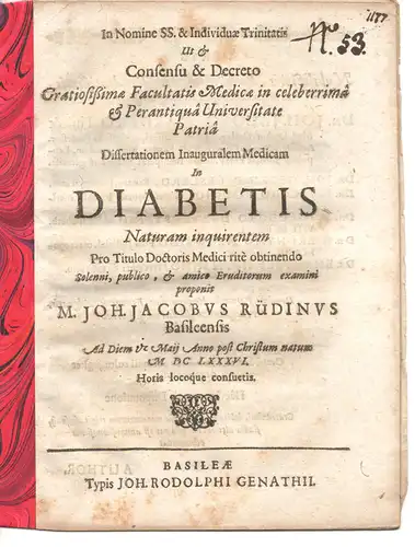 Rüdin, Johann Jacob aus Basel: Medizinische Inaugural-Dissertation. De diabetis. 