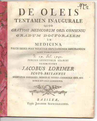 Lorimer, Jacob aus Schottland: Medizinische Inaugural-Dissertation. De oleis. (Über Öle). 