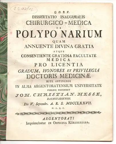 Hesse, Johann Christian aus Darmstadt: Medizinische Inaugural-Dissertation. De polypo narium. (Über Nasenpolyp). 