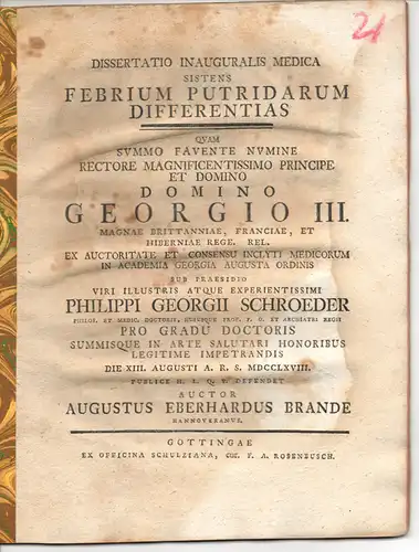 Brande, August Eberhard aus Hannover: Medizinische Inaugural-Dissertation. Febrium putridarum differentias. (Über Unterschiede des übel riechenden Fiebers). 