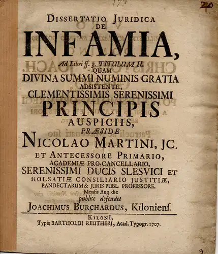 Burchard, Joachim aus Kiel: Juristische Inaugural-Dissertation. De infamia. (Über Ehrverletzung). 