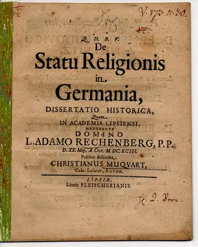 Muquart, Christian: Historische Inaugural-Dissertation. De statu religionis in Germania. (Über den Stellenwert der Religion in Deutschland). 