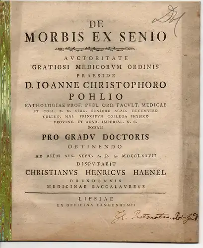 Haenel, Christian Heinrich: aus Dresden: Medizinische Inaugural-Dissertation. De morbis ex senio. (Über Krankheiten durch Altersschwäche). 
