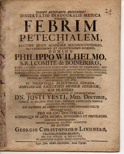 Lindner, Georg Christoph: aus Breslau: Medizinische Inaugural-Dissertation. Febrim petechialem. (Über Fieber mit Petechien). 