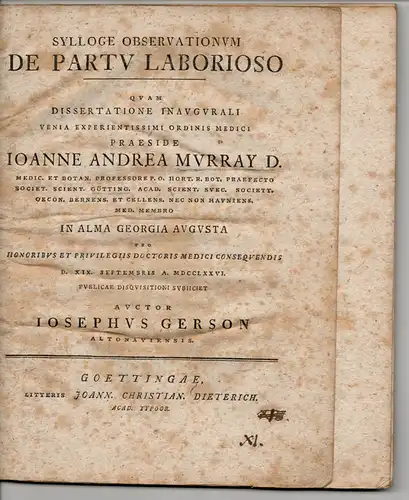 Gerson, Joseph: Medizinische Inaugural-Dissertation. De partu laborioso. (Über die beschwerliche Geburt). 