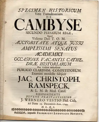 Vest, J. Werner: Historische Inaugural-Dissertation. De Cambyse Secundo Persarum Rege (Über Cambyses, den zweiten König der Perser). 