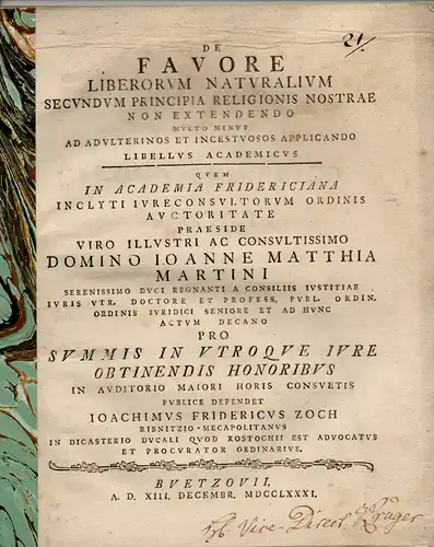 Zoch, Joachim Friedrich aus Ribnitz: Juristische Inaugural-Dissertation. De favore liberorum naturalium secundum principia religionis nostrae non extendendo multo minus ad adulterinos et incestuosos applicando. 