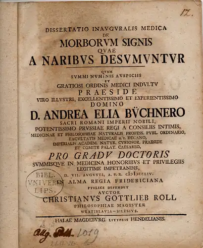 Roll, Christian Gottlieb aus Breslau: Medizinische Inaugural-Dissertation. De morborum signis quae a naribus desumuntur. 
