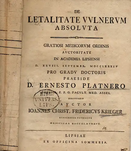 Krieger, Johannes David Friedrich aus Sangerhausen: Medizinische Dissertation. De letalitate vulnerum absoluta. (Über den durch Wunden verursachten Tod). 