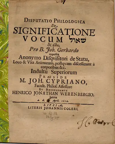 Werenberg, Heinrich Jonathan: Philologische Dissertation. De significatione vocum se 'ôl & ades. (Über die Bedeutung der Wörter se 'ôl & ades). 