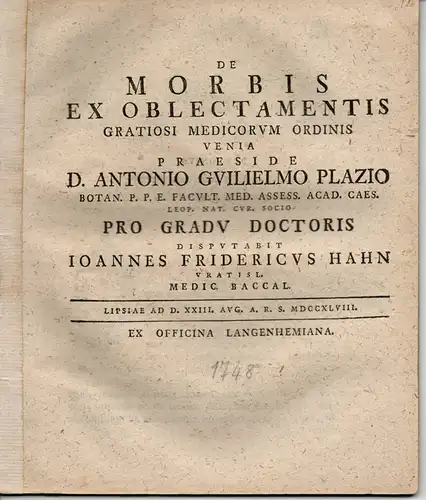 Hahn, Johannes Friedrich aus Breslau: Medizinische Dissertation. De morbis ex oblectamentis. 