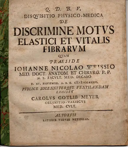 Meyer, Carl Gotlieb: aus Öls: Physisch-Medizinische Dissertation. De discrimine motus elastici et vitalis fibrarum. (Über den Unterschied der Fasern bei einer elastischen und einer lebenden Bewegung). 