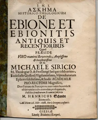 Schmidt, Heinrich: aus Bremen: Historisch-Theologische Dissertation. De ebione et ebionitis antiquis et recentioribus. 