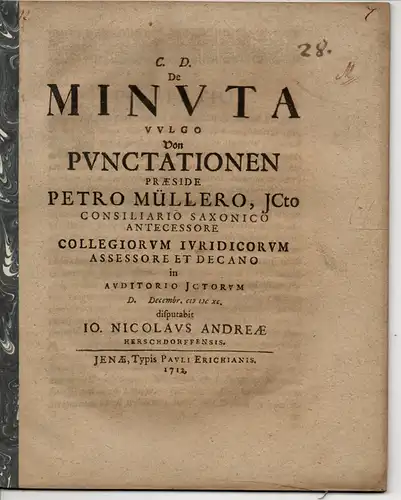 Andreae, Johann Nicolaus aus Herschdorf: De minuta vulgo Von Punctationen. 