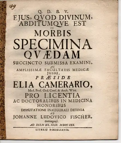 Fischer, Johann Ludwig: aus Ötting: medizinische Inaugural-Dissertation. In morbis specimina quaedam (Zu einigen spezifischen Krankheiten). 