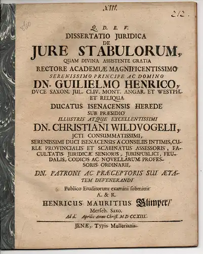 Glimper, Heinrich Moritz: aus Merseburg: Juristische Inaugural-Dissertation. De iure stabulorum (Über das Stallrecht). 