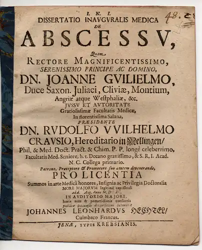 Hechtel, Johann Leonhard: aus Kulmbach: Medizinische Inaugural-Dissertation. De Abscessu (Über den Abszess). 