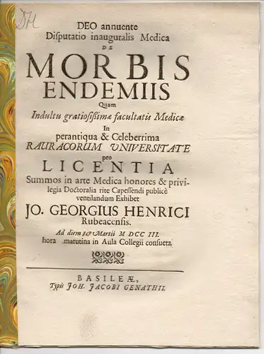Heinrich, Johann Georg: Medizinische Inaugural-Dissertation. De morbis endemiis. 