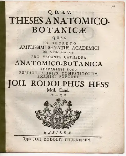 Hess, Johann Rudolph: Dissertation. Theses anatomico-botanicae. 