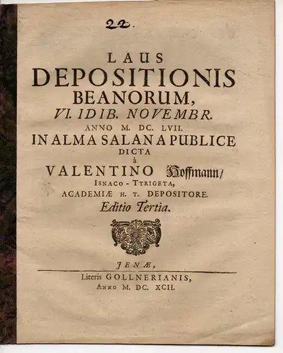 Hoffmann, Valentin aus Eisenach: Laus depositionis beanorum. Vortrag vom 06.11.1657. 