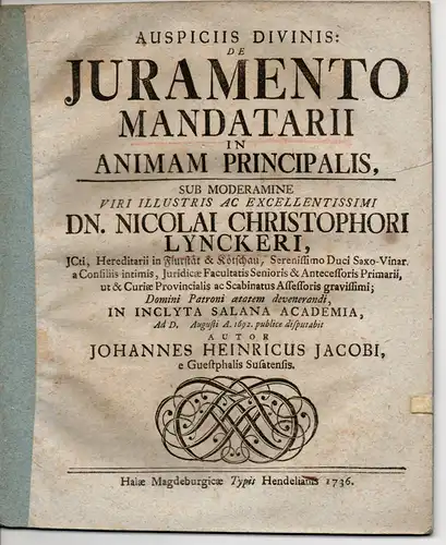 Jacobi, Johann Heinrich: Juristische Dissertation. De iuramento mandatarii in animam principalis. 