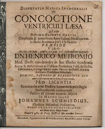 Schmied, Johann: Medizinische Inaugural-Disputation. De concoctione ventriculi laesa. 