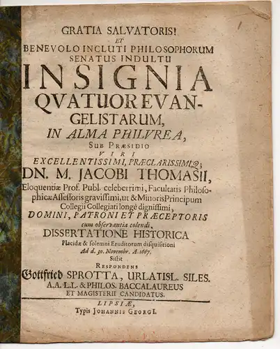 Sprotta, Gottfried: aus Breslau: Theologische Inaugural-Dissertation. Insignia quatuor evangelistarum (Die Insignien der 4 Evangelisten). 