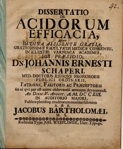 Bartholomä, Jacob: Medizinische Inaugural-Dissertation. De acidorum efficacia (Über die Wirksamkeit von Säuren). 