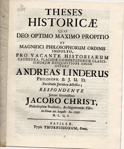 Christ, Jacob: Historische Inaugural-Dissertation. Theses historicae. 