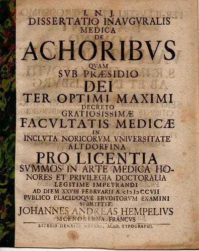 Hempel, Johann Andreas: aus Mainbernheim: Medizinische Inaugural-Dissertation. De achoribus (Über Schorf). 