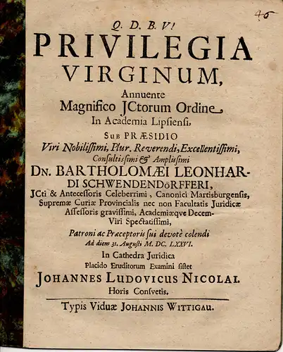 Nicolai, Johannes Ludwig: Juristische Inaugural-Dissertation. Privilegia virginum (Privilegien der jungen Frauen). 