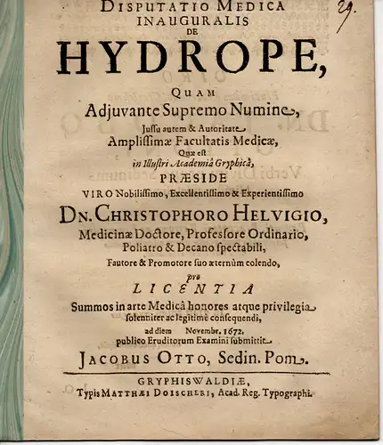 Otto, Jacob: aus Sedin/Pommern: Medizinischer Inaugural-Dissertation. De hydrope (über die Wassersucht). 