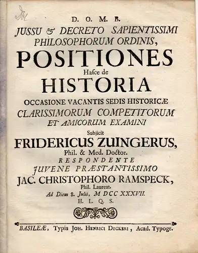 Ramspeck, Jacob Christoph: Historische Inaugural-Dissertation. Positiones de historia. 