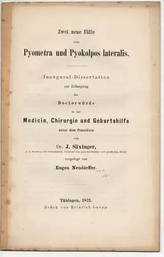 Neudörffer, Eugen: Zwei neue Fälle von Pyometra und Pyokolpos lateralis. Dissertation. 