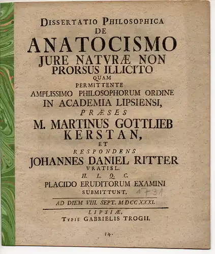 Ritter, Johann Daniel: aus Schlanz: Philosophische Dissertation. De anatocismo jure naturae nonprossus illicito. 