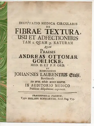 Stahl, Johann Laurentius: aus Berlin: Mediziniche Disputation. De fibrae textura, usu et adfectionibus tam s. quam p. naturam (Über Fasergewebe, deren Nutzen und Erkrankungen sowohl gemäß als auch wider die Natur ist). 