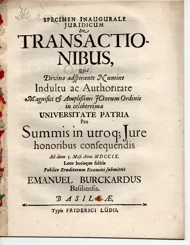 Burckhard, Emanuel aus Basel: Juristische Inaugural-Dissertation. De transactionibus. (Über den Vergleich). 