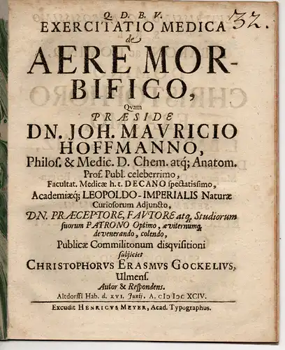 Gockel, Christoph Erasmus: aus Ulm: Exercitatio Medica de aere morbifico (Über die Luft als Krankheitserreger). 