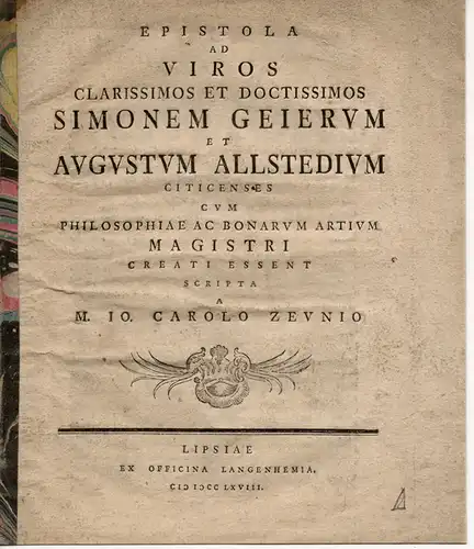 Zeune, Johann Karl: Epistola ad viros clarissimos et doctissimos Simonem Geuerum et Augustum Allstedium. 